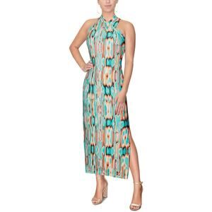 NEW Rachel Roy abstract halter neck long maxi dress slit retro